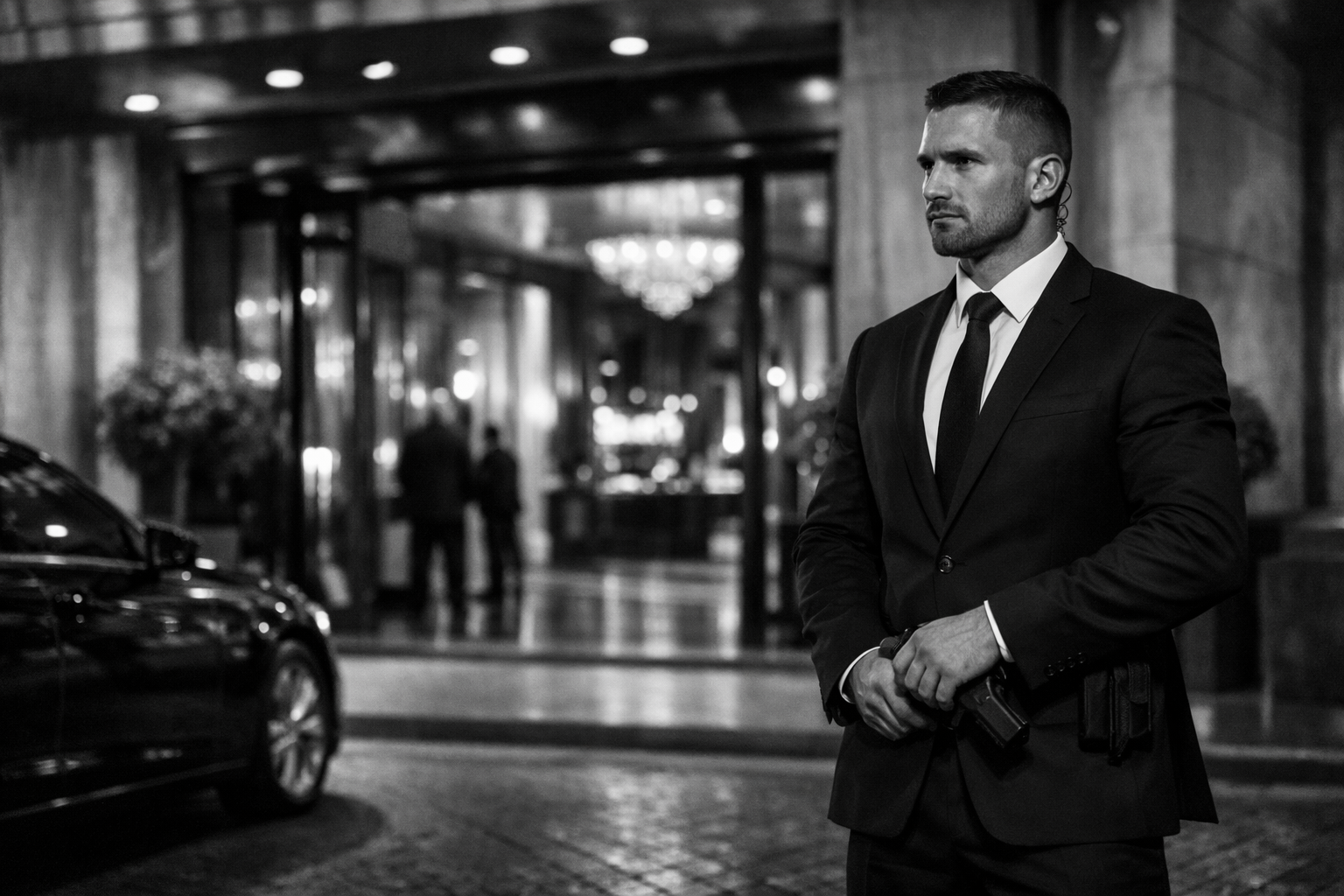 Armed security guard standing watch at a luxury hotel entrance.