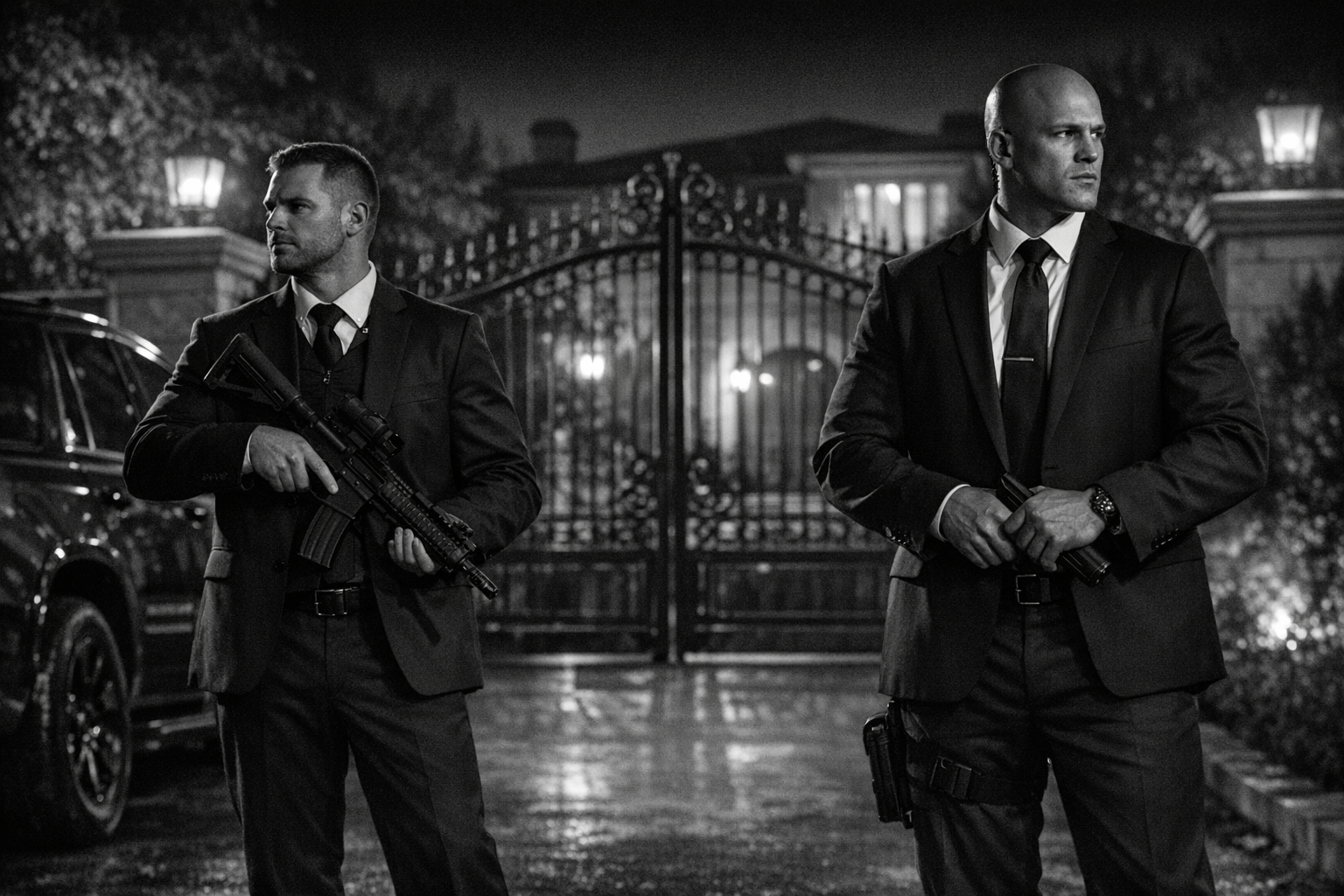 Two armed guards securing a luxury residential gate.
