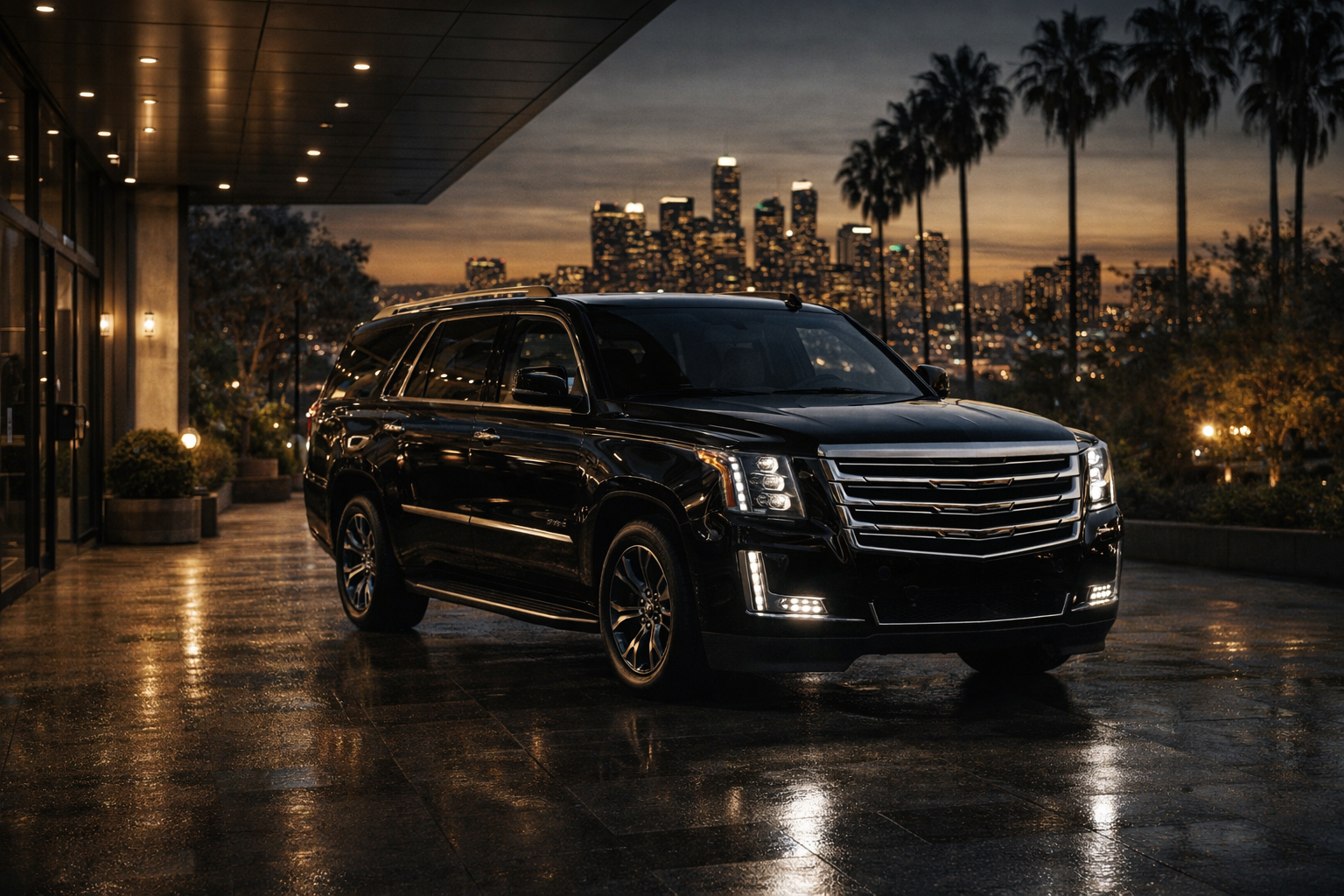 Luxury black SUV prepared for VIP transportation.